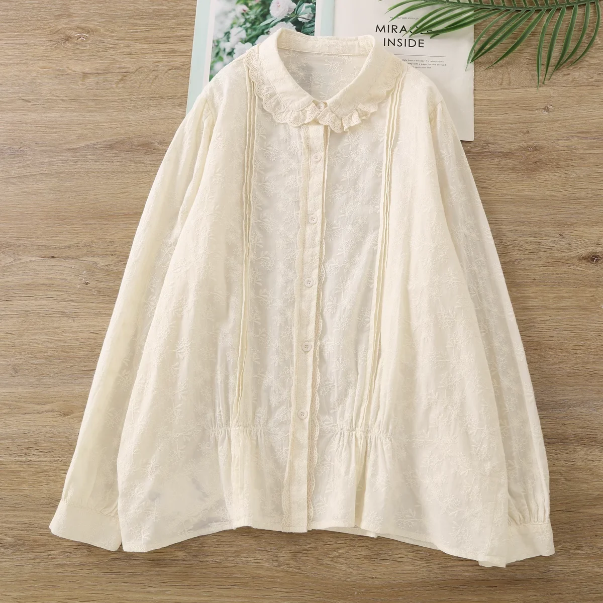 

100% Cotton white beige peter pan collar long sleeve shirts blouses for women sweet lace embroidery shirts top ladies