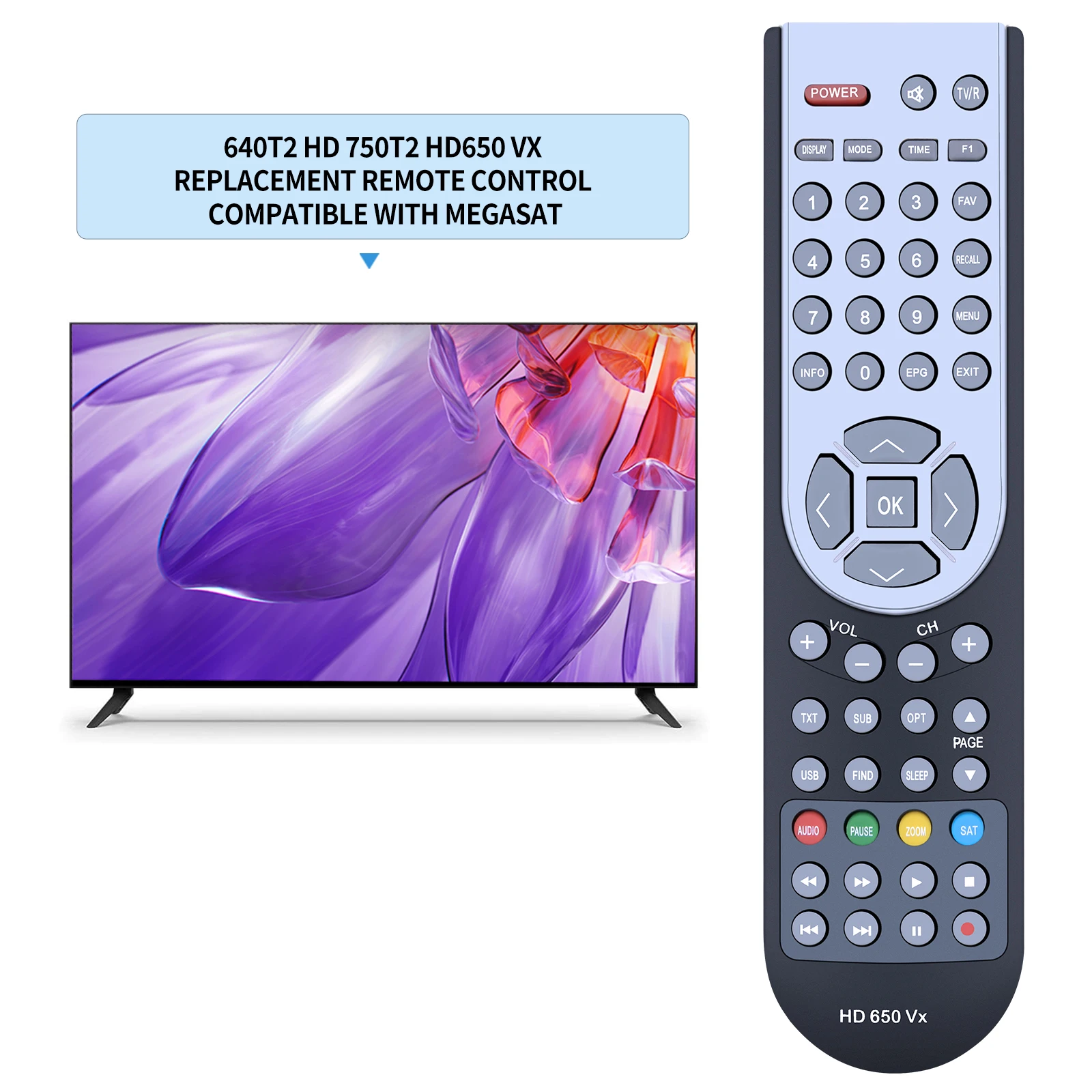 MEGASAT 수신기 HD 640 T2, HD 750 T2, HD 650 VX에 적합한 리모콘