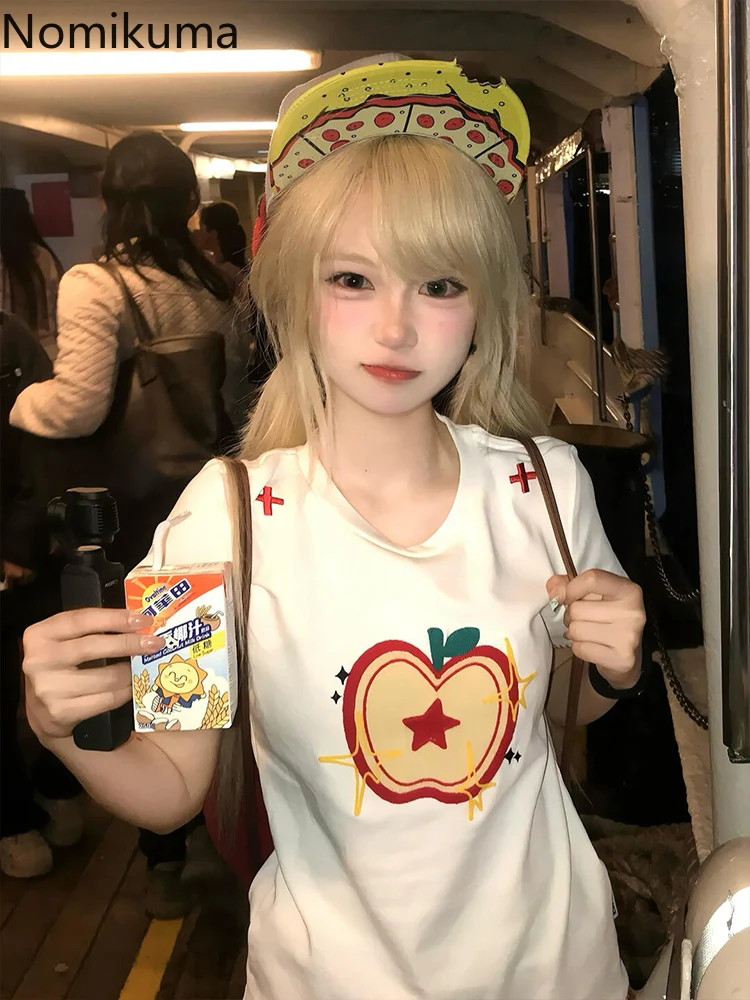 White T Shirts Women's Clothing Apple Embroidery Camisetas 2025 Ropa Mujer Casual Fashion Tees Korean Tops Summer Cute Tshirt