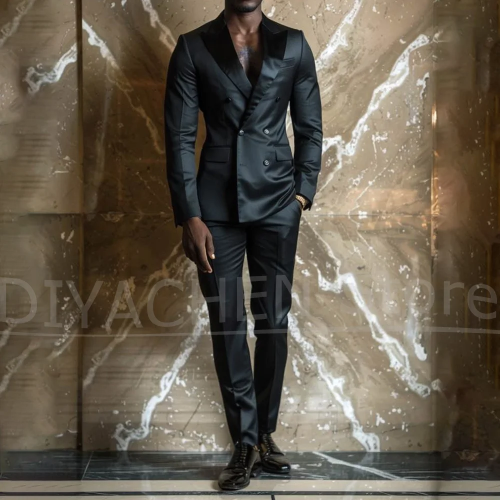 

Мужской черный атласный костюм, комплект из двух предметов, двубортный наряд с лацканами, облегающий стильный формальный смокинг для свадебной вечеринки и выпускного вечера