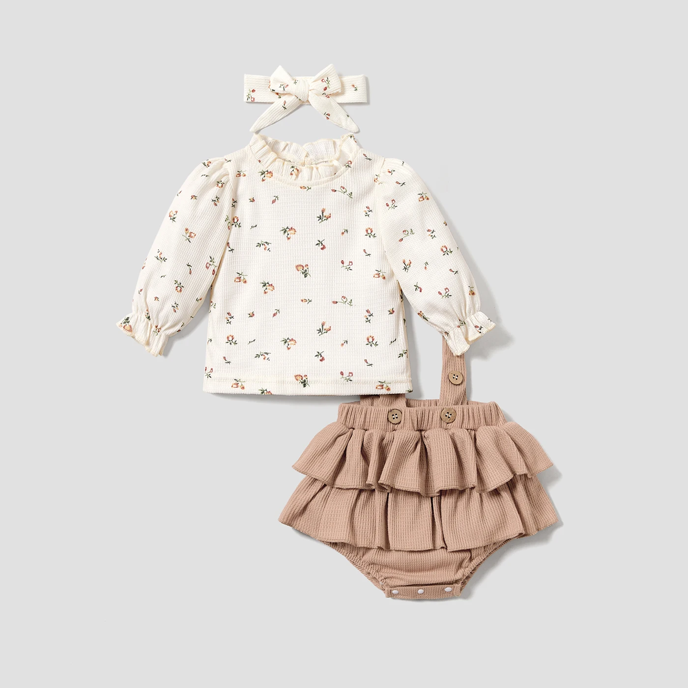 PatPat 3pcs Baby Floral Print Long-sleeve Top and Ruffle Suspender Skirted Shorts Set Perfect for Outings and Daily Wear