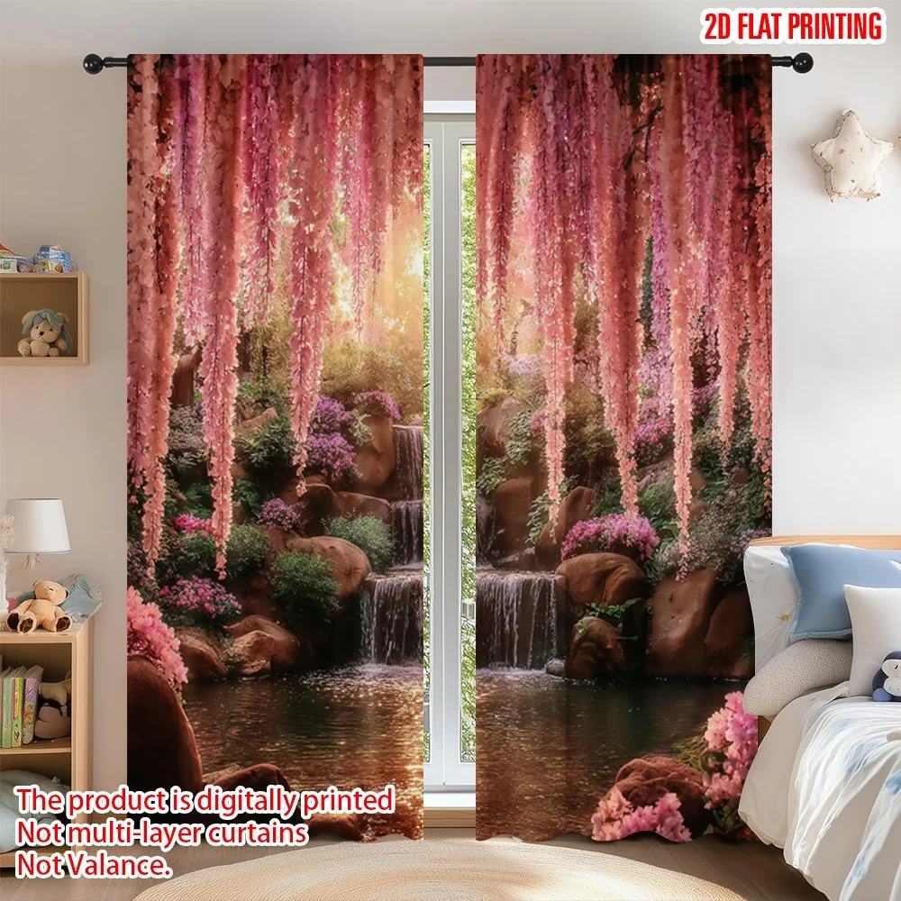 

2D flat printing 2pcs Curtain Curtains Spring Cherry Blossom Waterfall(1) Digital Printed Polyester Drapes Festive Holiday for