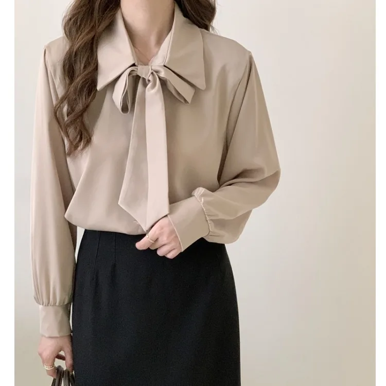 

Корейская женская блузка с длинным рукавом и узлом из сатина, модная коллекция ранней весны 2026