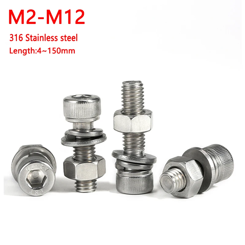 316 A4-70 Stainless Steel Hexagon Socket Head Cap Screws Nut Gasket Set M2-M6 Complete Spring Pad Combination L：4-150mm