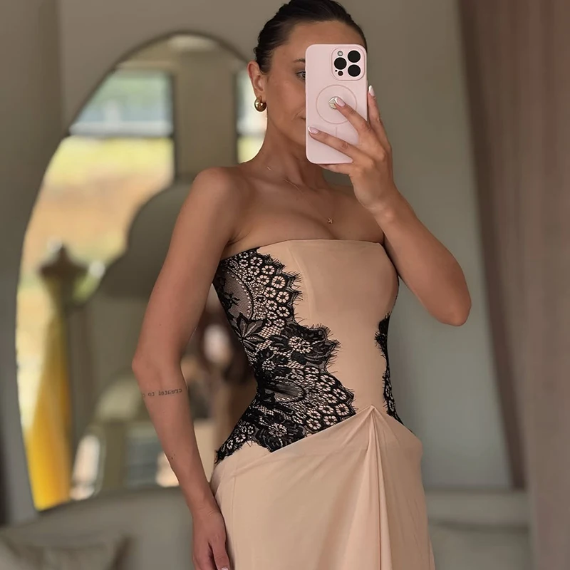 Thinyfull Saudi Arabia A-Line Prom Dresses Strapless Sleeveless Lace Evening Dress Formal Cocktail Party Prom Gowns Customized