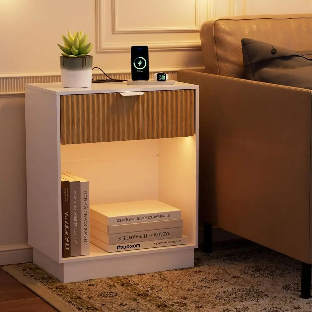 Nightstands Set of 2 with Charging Station & Built-in LED Lights, Bedside Tables with Wave Pattern Drawer & Open Shelf, Safe for