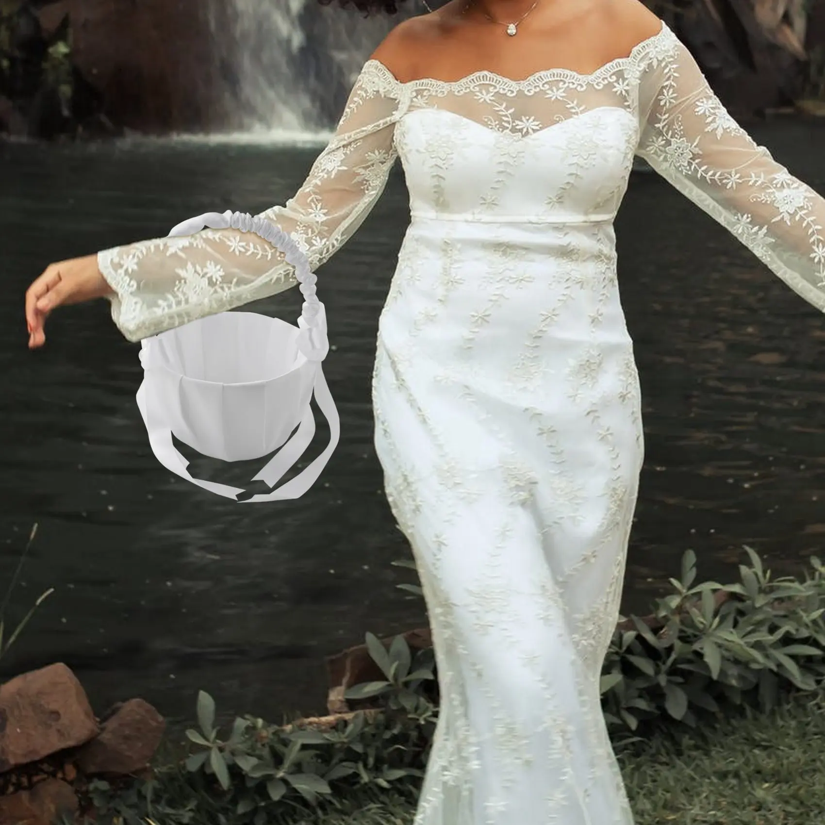 

ABFY-4X Romantic White Satin Bowknot PEARL Flower Girl Basket Wedding Ceremony Party