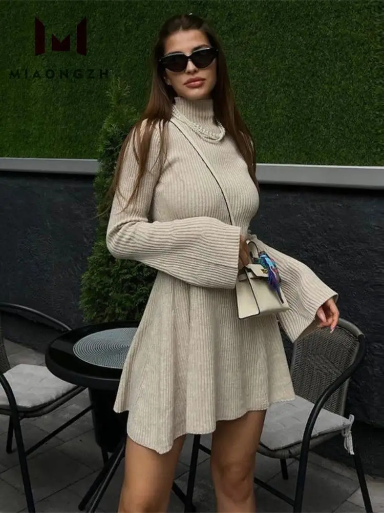 

Turtleneck Striped Sweater Dress For Women Casual Solid Long Sleeve Autumn Winter Short Knitted Dresses Female Fashion Clothes