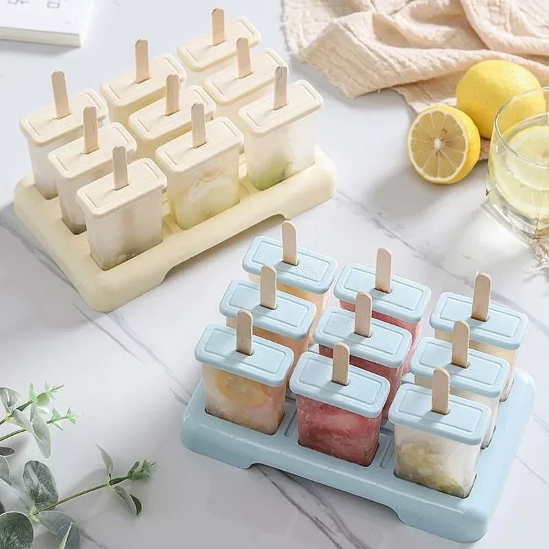 9/4 Grids Ice Cream Popsicle Mold Tray DIY Ice Cream Machine Homemade Ice Box with Plastic Stick Freezer Juice Maker Kitchen