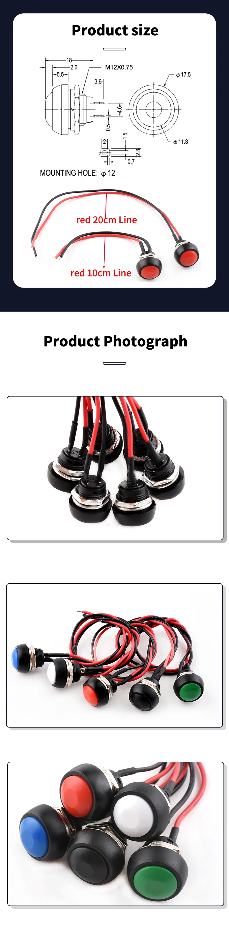 12mm Wasserdichter Momentaner Drucktaster PBS-33B Mini Runder Ein/Aus-Schalter mit Vorverdrahteten Leitungen, Selbstrückstellend für Arduino DIY – Detail 2