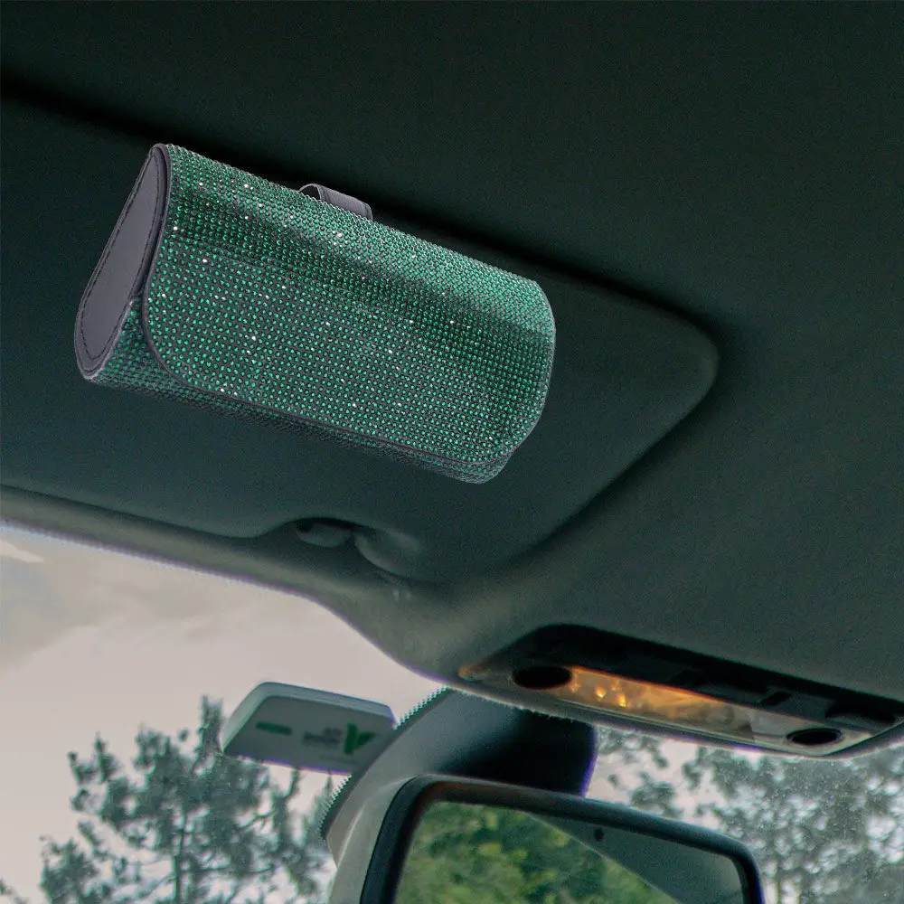 

Bling Sun Visor Glasses Case Rhinestone Luxury Car Eyeglasses Holder Clip Organizer PU Leather Sunglasses Storage Box