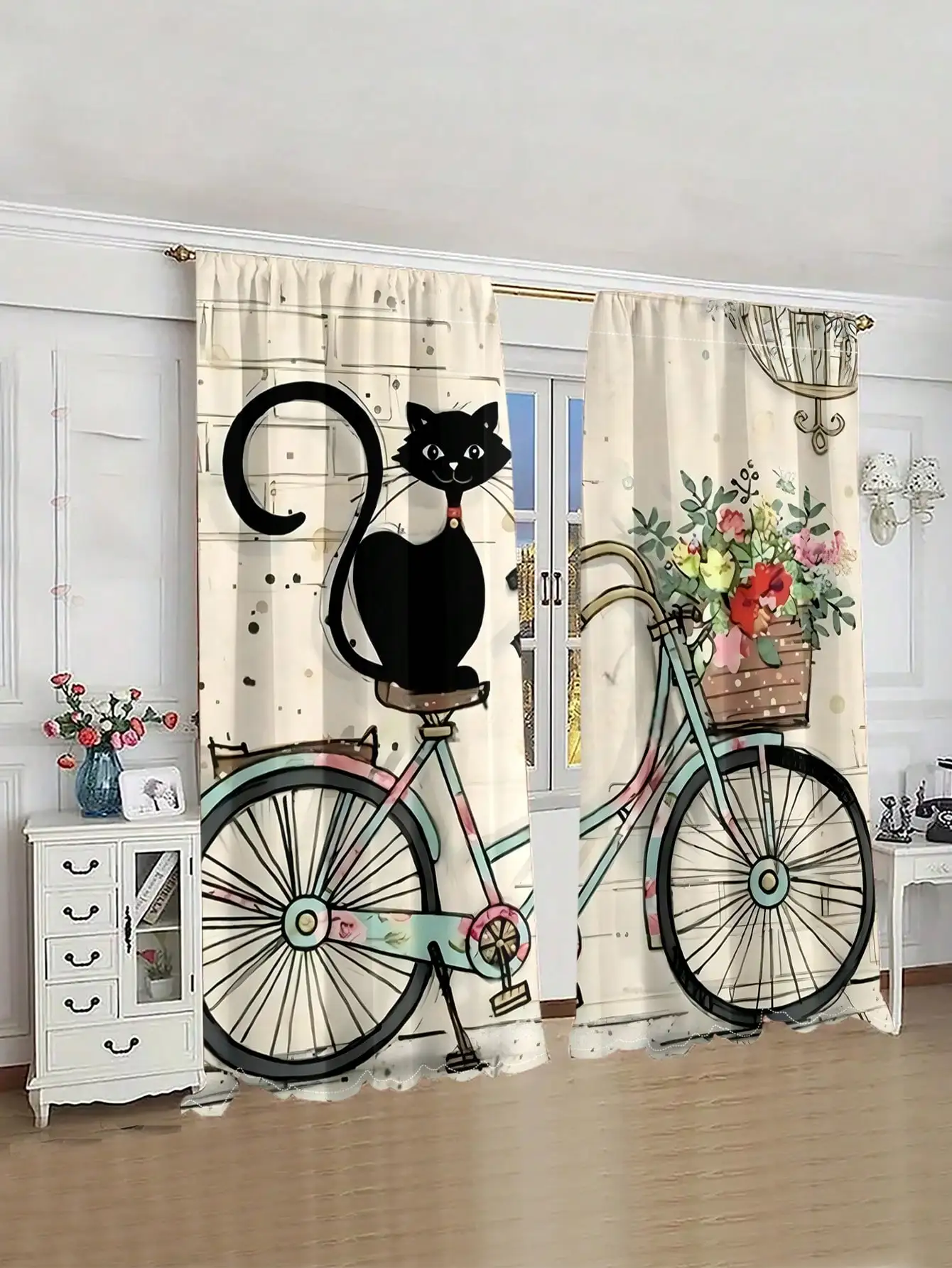 Vintage Bicycle Cat Curtains, Retro Floral Bike Print Drapes, Cute Animal Kitchen Window Treatment, Blackout Fabric Home Decor