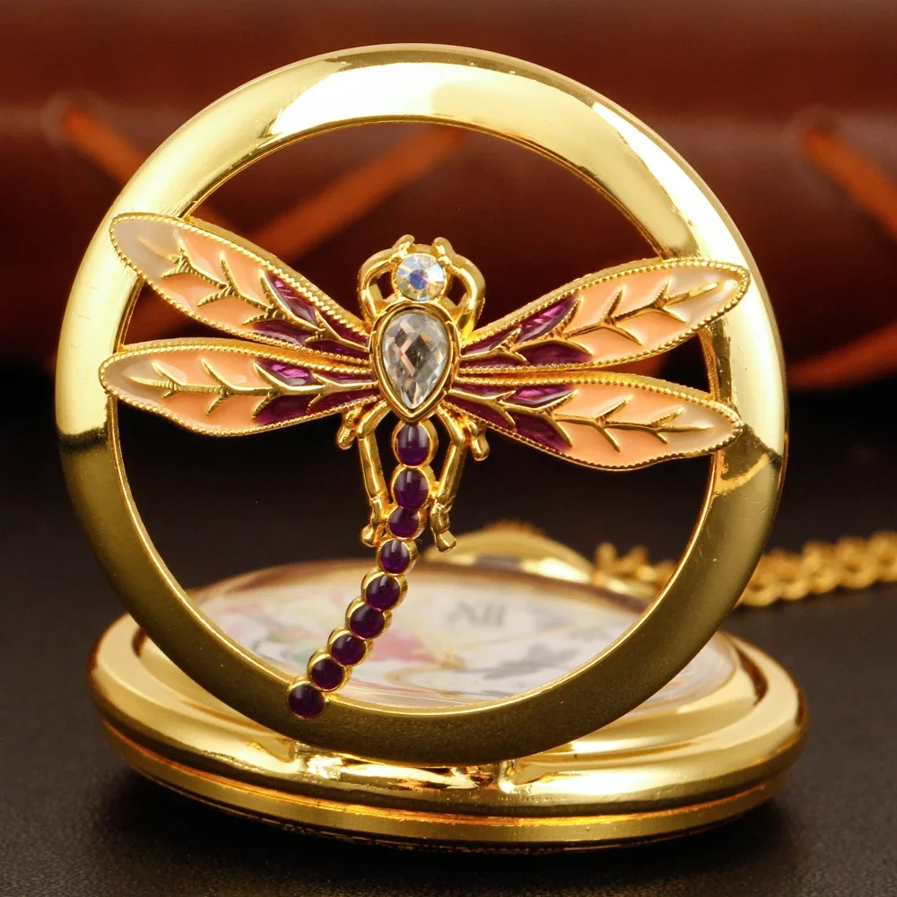 Exquisite Insect Dragonfly Specimen Gold Cute Mini Quartz Pocket Watch Men and Women Necklace Clock Fashion Gift Accessories