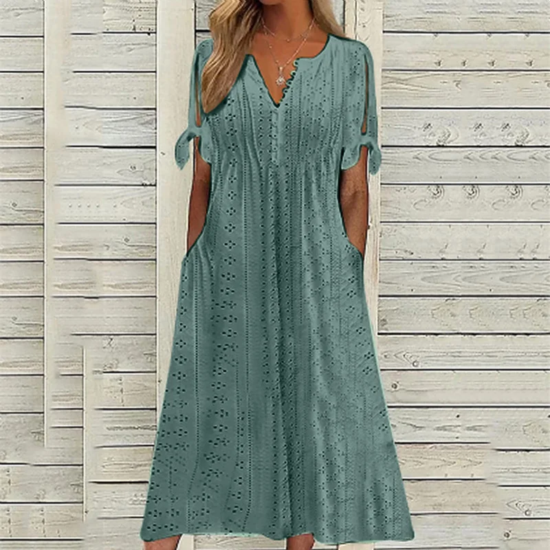 Oco elegante feminino vestido de renda, Monocromático, Decote em V, Bolso, Praia, Vintage, Longo, Sexy, Nova Moda, Verão, 2022