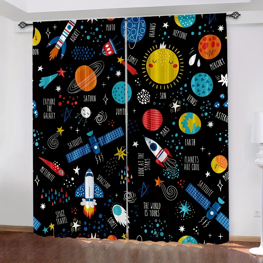 2Pcs Outer Space Window Curtains Cartoon Galaxy Planets Theme Rocket Spaceship for Playroom Bedroom Rod Pocket Window Drapes.