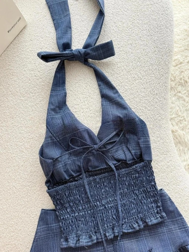 

Vintage Sweet Slim Fit 2 Piece Set Retro Women Hanging Neck Tops + Mini Cake Skirts Party Chic High Street Suit 2025 New Fashion