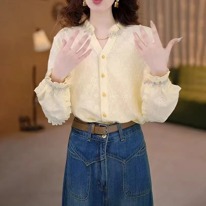 Women Vintage Ruffle Floral Cardigan Blouse Spring Elegant Retro Hong Style Open Front Layering Tops Chic