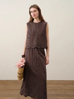 FSLE【Premium Series】Summer Women Linen Two Piece Set Cut-Out Embroidered Sleeveless Top Midi Skirt Boho Beach Vacation Style - Image 2
