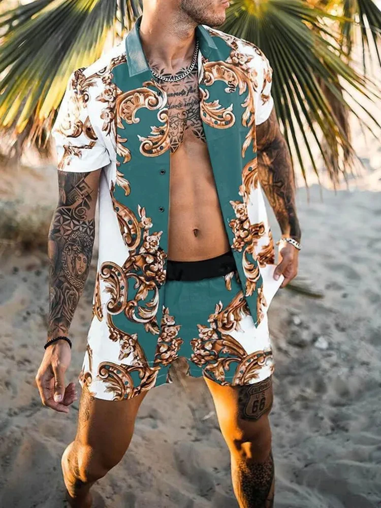 Vintage Flower Men Shirts Sets Summer Golden Horse Print Beach Short Sleeve Shirt Shorts Casual Trip Mens Hawaiian 2 Piece Suits