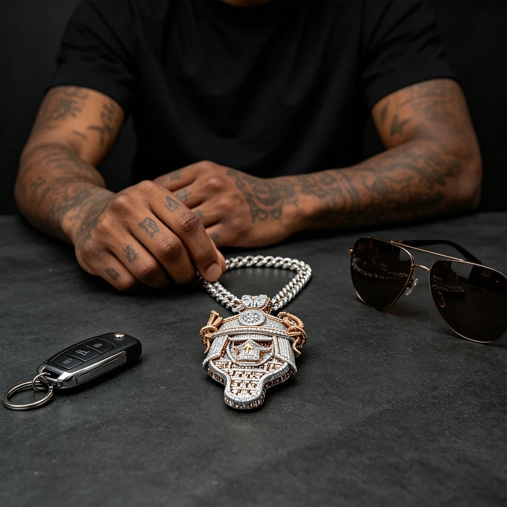 Iced Out Skull Pendant for Men Warrior Kabuto Helmet Design With Coiled Snake Upward Arrow Charm Bling Accessory Rapper Streetwear Party Daily Wear Luxury Gothic Fine Jewelry Gift For Him Husband Brother Boy 18K Gold Plated Cubic Zirconia Hip Hop Necklace