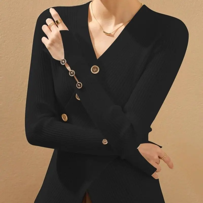 2023 New Autumn/Winter Fashion Simple Commuting V-neck Panel Button Long Sleeve Slim Fit Irregular Cross Women's Knitted Sweater