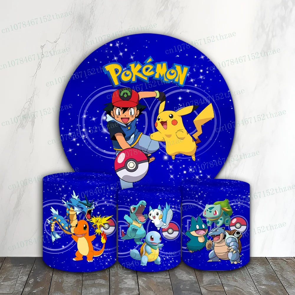 

Pokemon Birthday Party Photo Backdrop Baby Shower Photography Backdrop Round&Cylinders Plinth Covers Photo Background