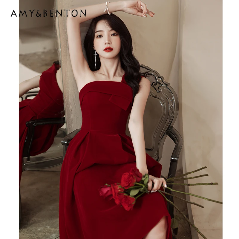 

2025 New Wine Red Engagement Evening Toast Dress Coming-of-Age Ceremony Banquet Host Slim Waist Mid-Length Dress