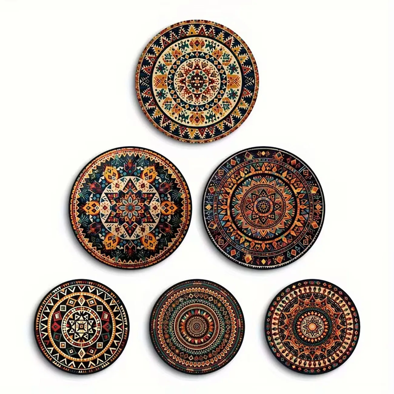 6Pcs Boho Mandala Wooden Wall Decor with Nano Tape, Round Tribal Wall Art