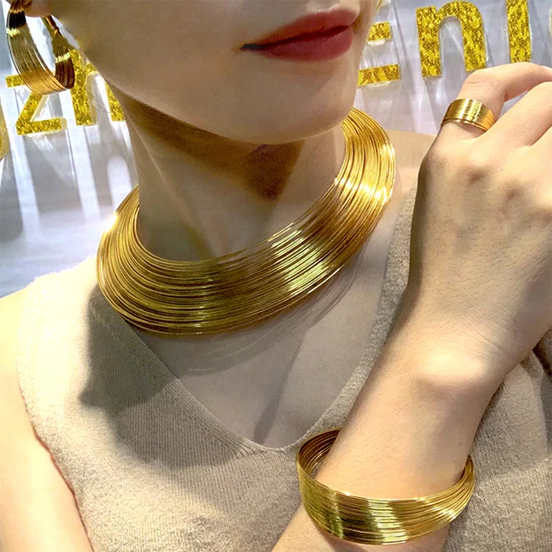 Multi-Layer Shiny 3D Necklace/Bracelet/Ring/Earring Bridal Set Women's 24K Gold AU999 - 4-piece bridal luxury