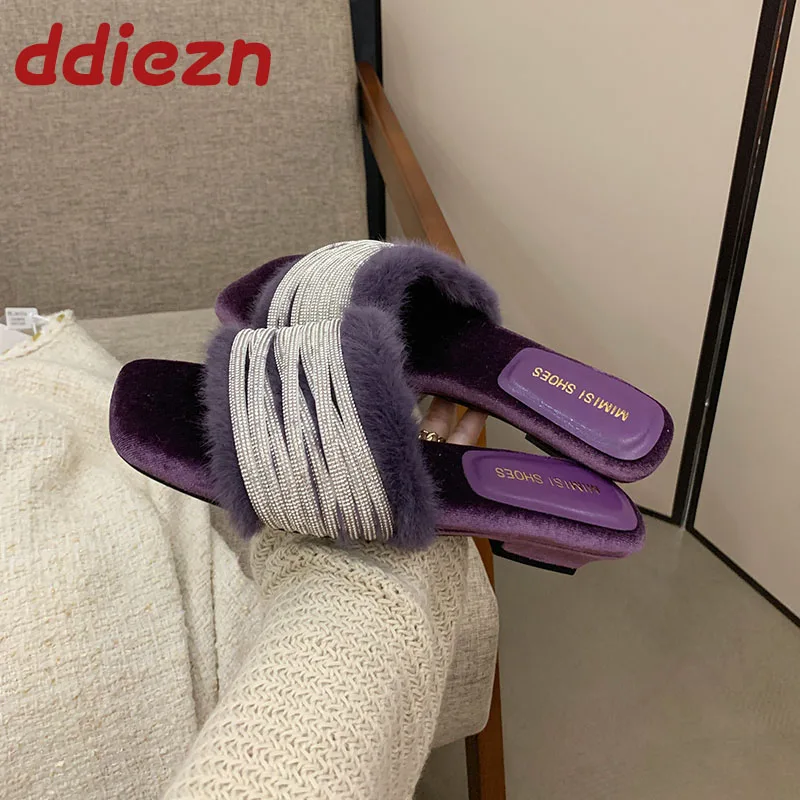 

Новые роскошные модные женские тапочки на плоской подошве со стразами, меховая обувь, женские повседневные уличные домашние женские шлепанцы, сандалии, обувь