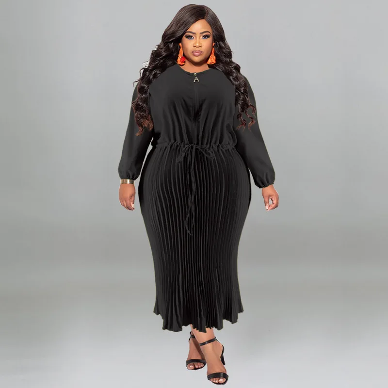 Plus Size Pleated Elegant Dress Female Solid Luxury Robe 2023 Autumn Winter Women Fashion Cloth Large Size 5xl Party Dress