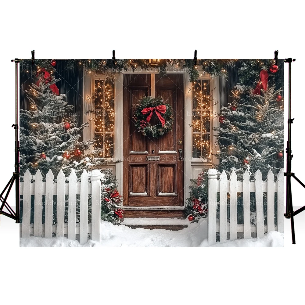 Mehofond Winter Christmas Wooden Front Door Photography Background Xmas Tree Hanging Wreath Kids Family Portrait Decor Backdrop