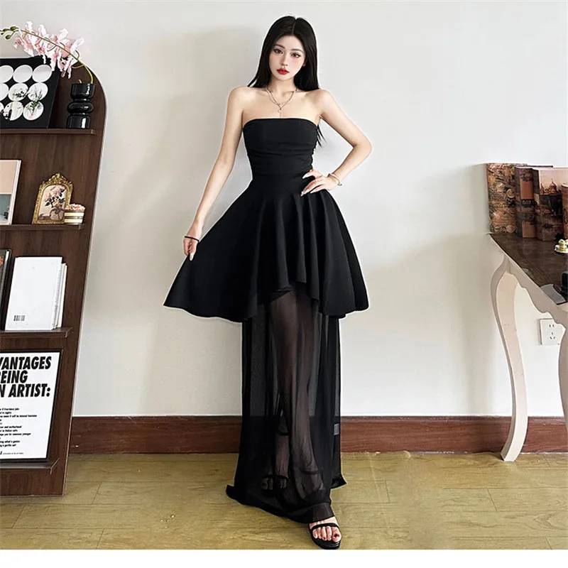 

Elegant Women Hepburn Style Black Strapless Long Evening Party Dress New Summer Slash Neck Sheer Mesh Patchwork Cocktail Dress
