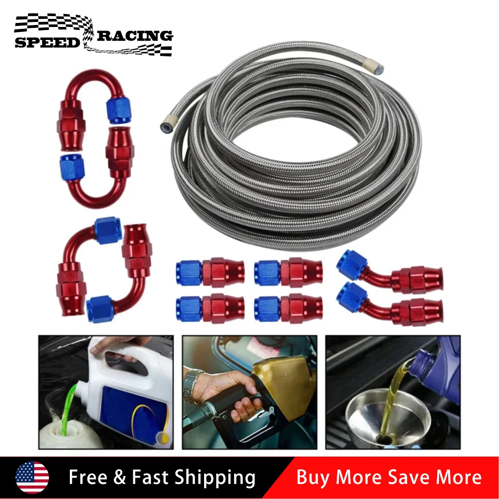 

AN8 AN10 Stainless Steel PTFE Fuel Line 20FT 6 10 Fittings Hose Kit TF-1055