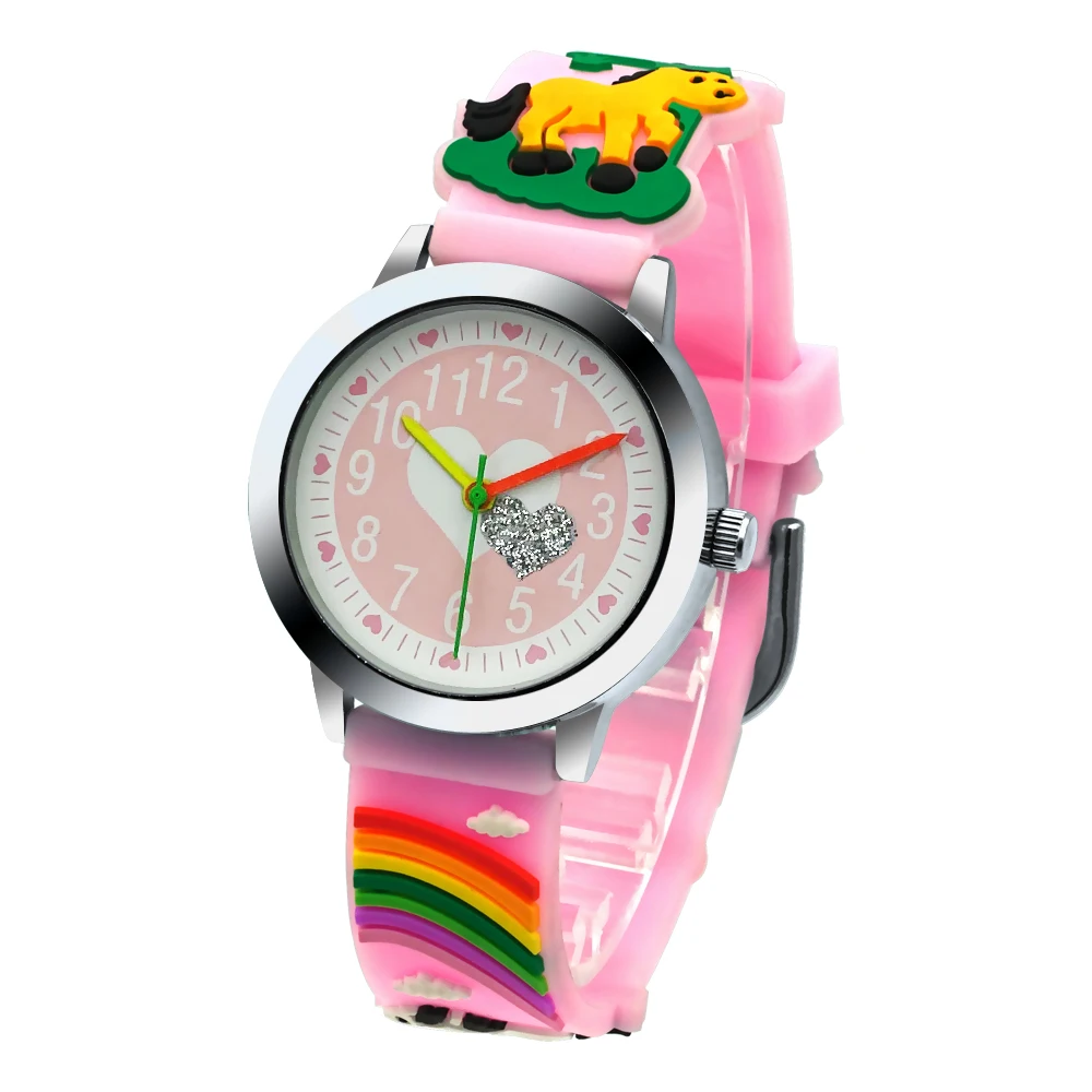 Pink Rainbow Strap Sparkling Pink Love Pattern Dial Glow Quartz Girls' Watch Casual Children's Clock New Year Gift