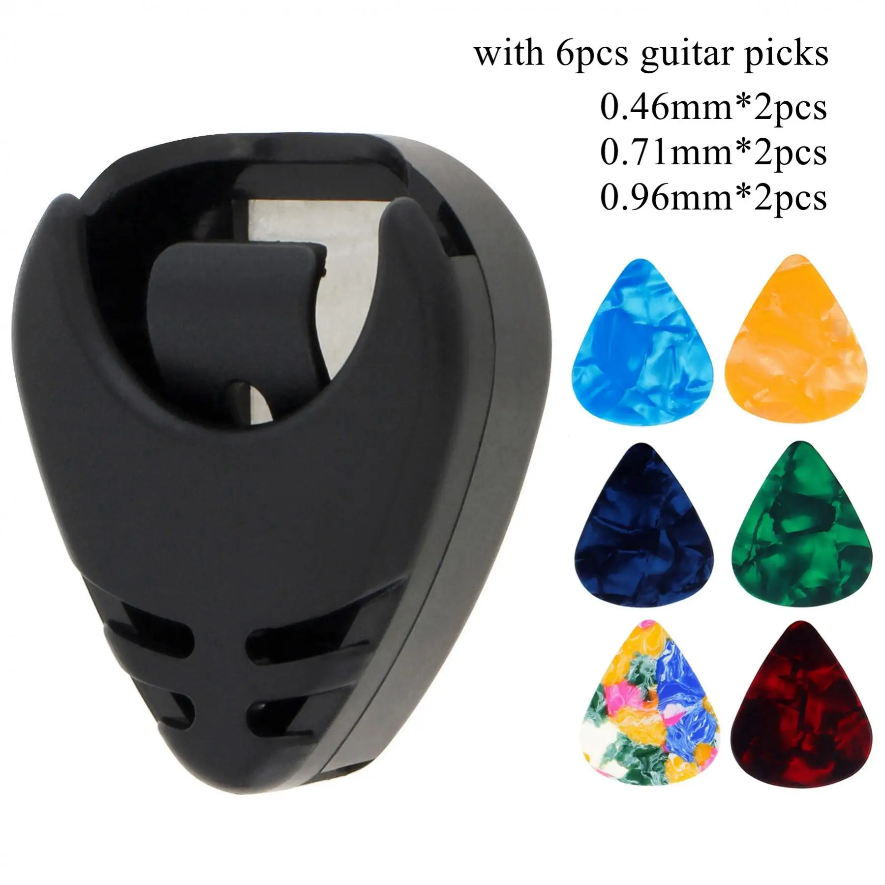 Plastic Guitar Pick Holder 6 Picks for Acoustic Guitar Ukulele with Adhesive Back, 0.46mm, 0.71mm, 0.96mm Celluloid Picks Set