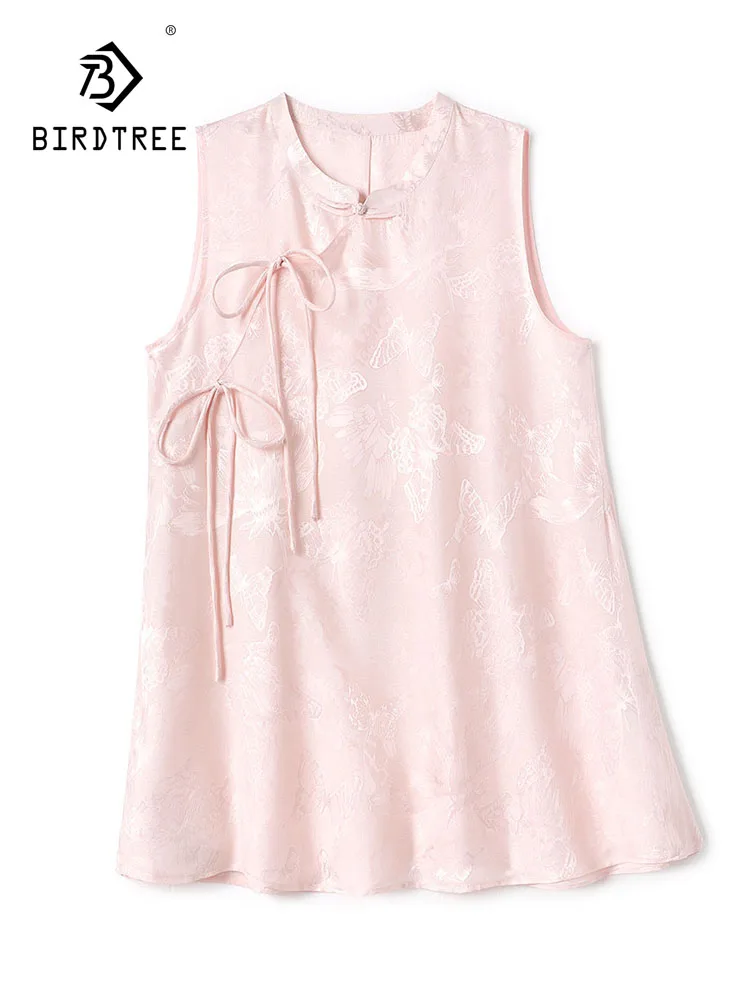 BirdTree-35 MM Silk Watered Gauze Elegant Vest, O Neck Butterfly Jacquard, Women Commute Loose Tank Top, 2026 Summer T67829CC