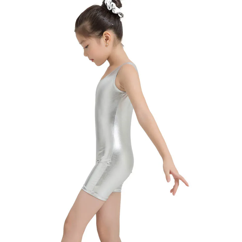 Kids Shiny Metallic Spandex Shorts Unitard Catsuit Gymnastics Suit Ballet Tank Leotards Dancewear Professional Sleeveless Girls