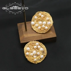 GLSEEVO Natural Freshwater Pearls Circular Wound Stud Earrings 2022 New Design Exaggerated Style For Woman Luxury Fine Jewelry