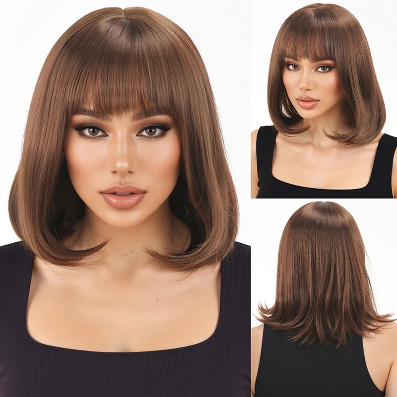 Amazon Cross-Border Bob Brown Air Bangs Short Hair Full Wig-Synthetic Fiber Wig