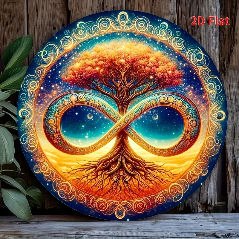 Boho Spiritual Tree of Life Infinity Symbol HD Print Metal Tin Sign – Featuring Vibrant Cosmic Gradient from Deep Blue to Golden