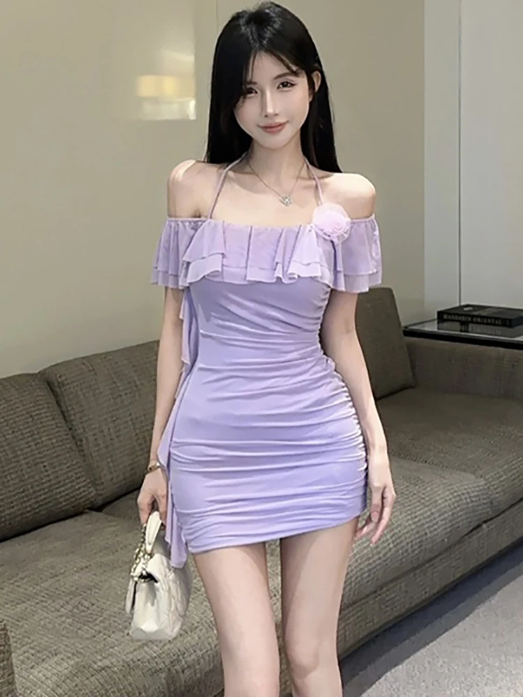2025 roxo plissado bodycon chique babados sexy mini vestido feminino elegante casual kawaii vestido de verão moda coreana vestido de uma peça