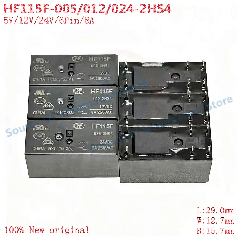 10Pcs HF115F/005/012/024-2HS4 Power Relay 5V 12V 24V 6Pin 8A JQX-115F 100% New