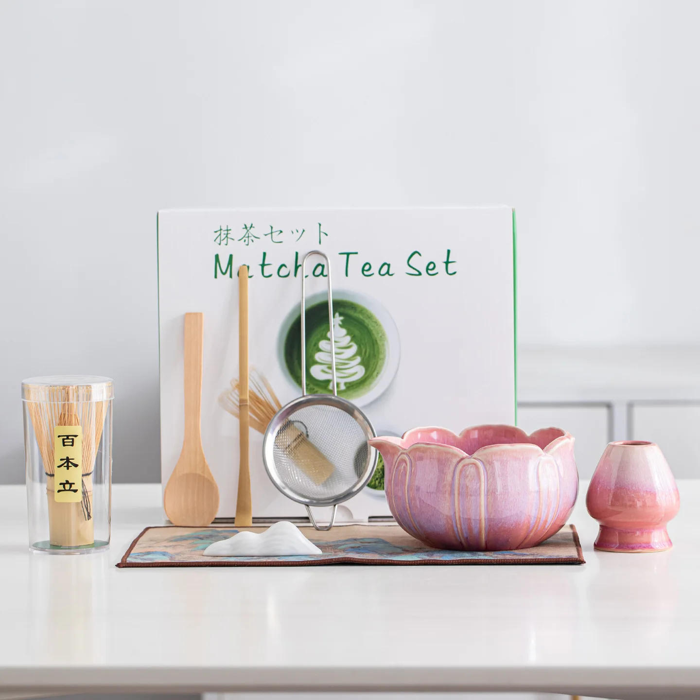 Juego de 8 utensilios de cerámica para té matcha con diseño de loto, tazón de matcha, batidor de matcha, juego de regalo para la ceremonia del té de la dinastía Song