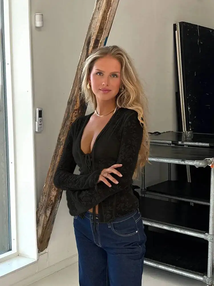 Mulheres S Slim Fit Chiffon Ruffle Trompete Manga Camisa Outono Moda Elegante Top Para Negócios Casual Wear