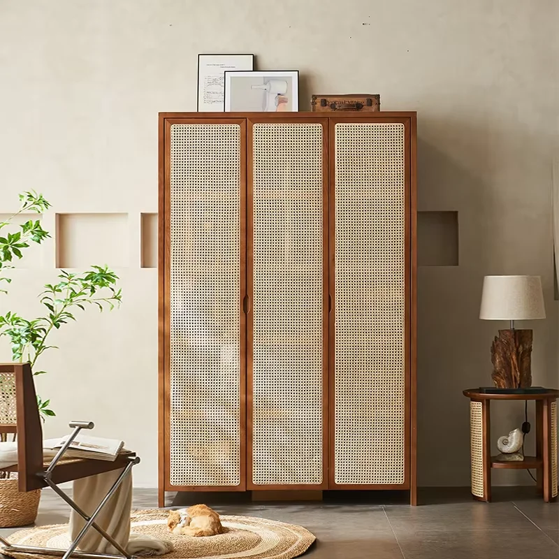 Dust Proof Aesthetic Rattan Closet Tall Wooden Nordic Open Bedroom Wardrobe Organizer Clothes Armario De Ropa Bedroom Furniture