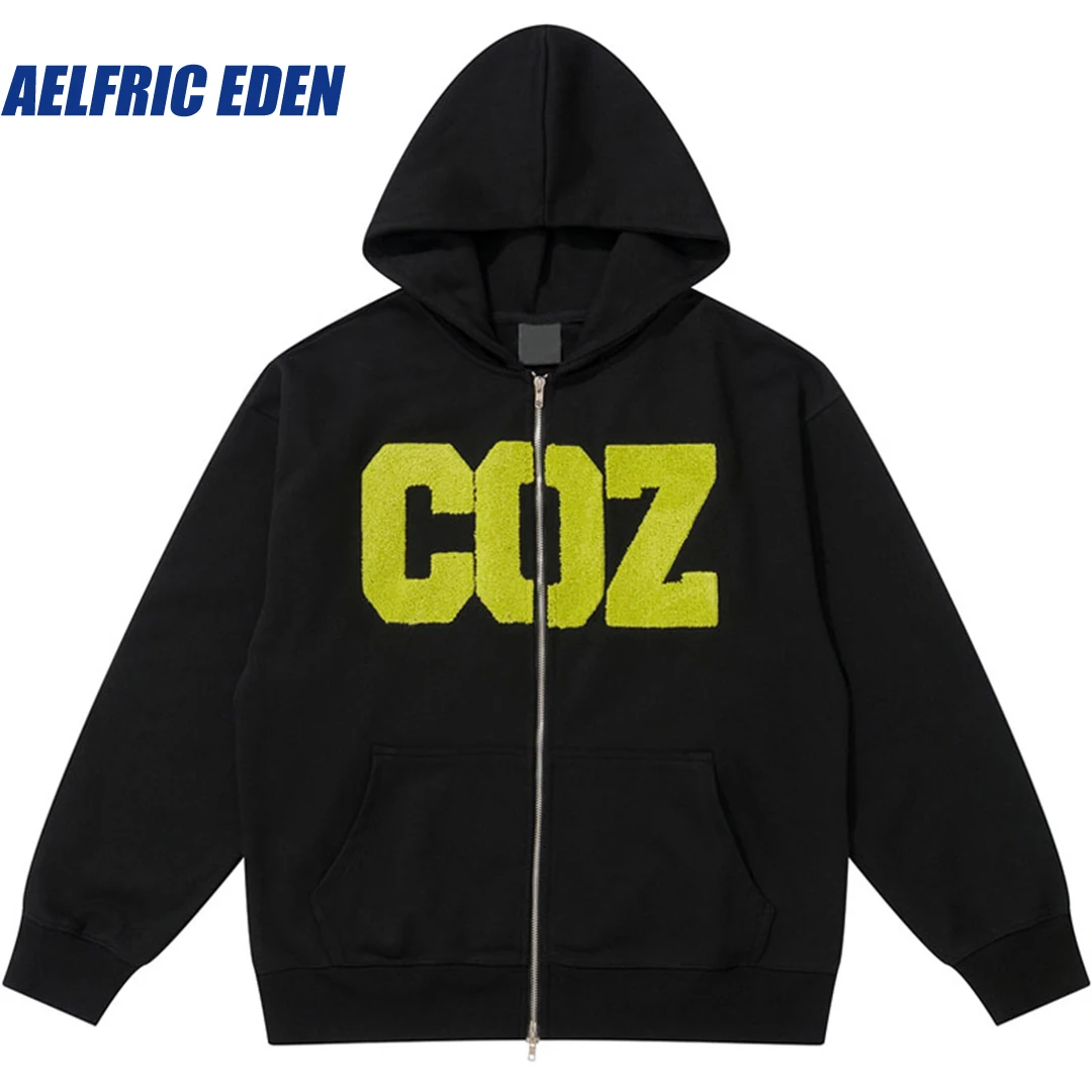 Aelfric Eden Embroidery Letter Zip Hoodie Harajuku Two Way Zipper Hoodie Coat Y2K Hip Hop Sweatshirt Streetwear Men Loose Jacket