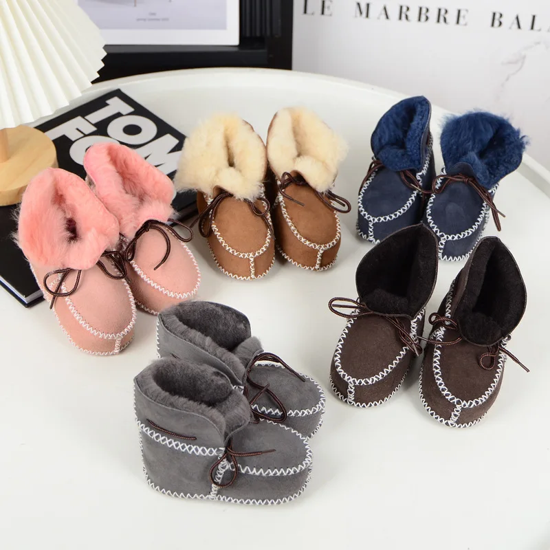 Baby Wool Sheepskin Boots Newborn Infant Winter Fur Shoes Boy Girl Velvet Snow Boots Infant Toddler Leather Furry Boots Footwear