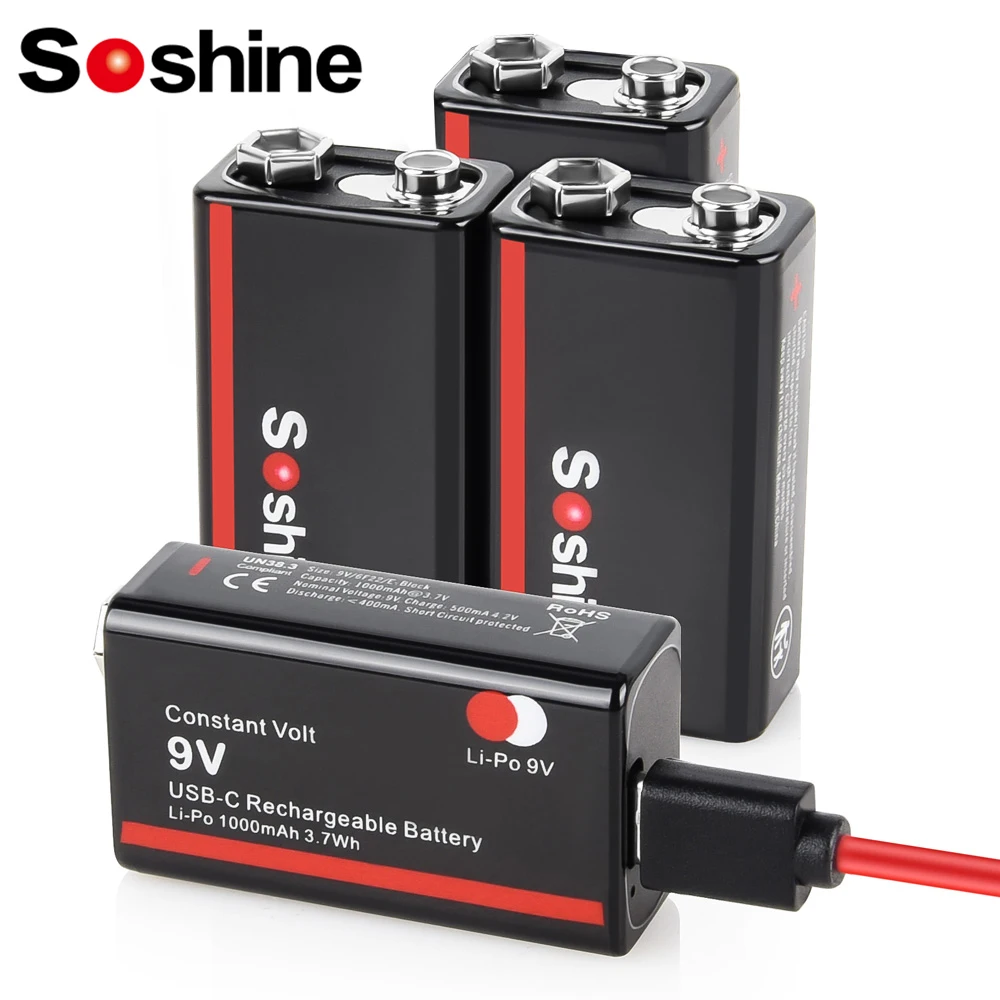 

Soshine 9V Rechargeable Battery 1000mAh USB Type-C Rechargeable 6F22 9V Li-ion Battery for RC Helicopeter Model Multimeter Toy