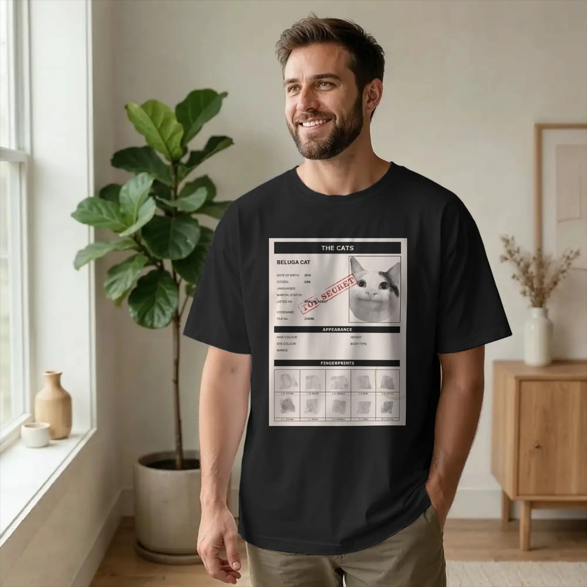 Men's Beluga Cat Agent Top Secret Meme T Shirt Funny Pure Cotton Clothing Casual Short Sleeve Crewneck Tee Shirt Printed T-Shirt